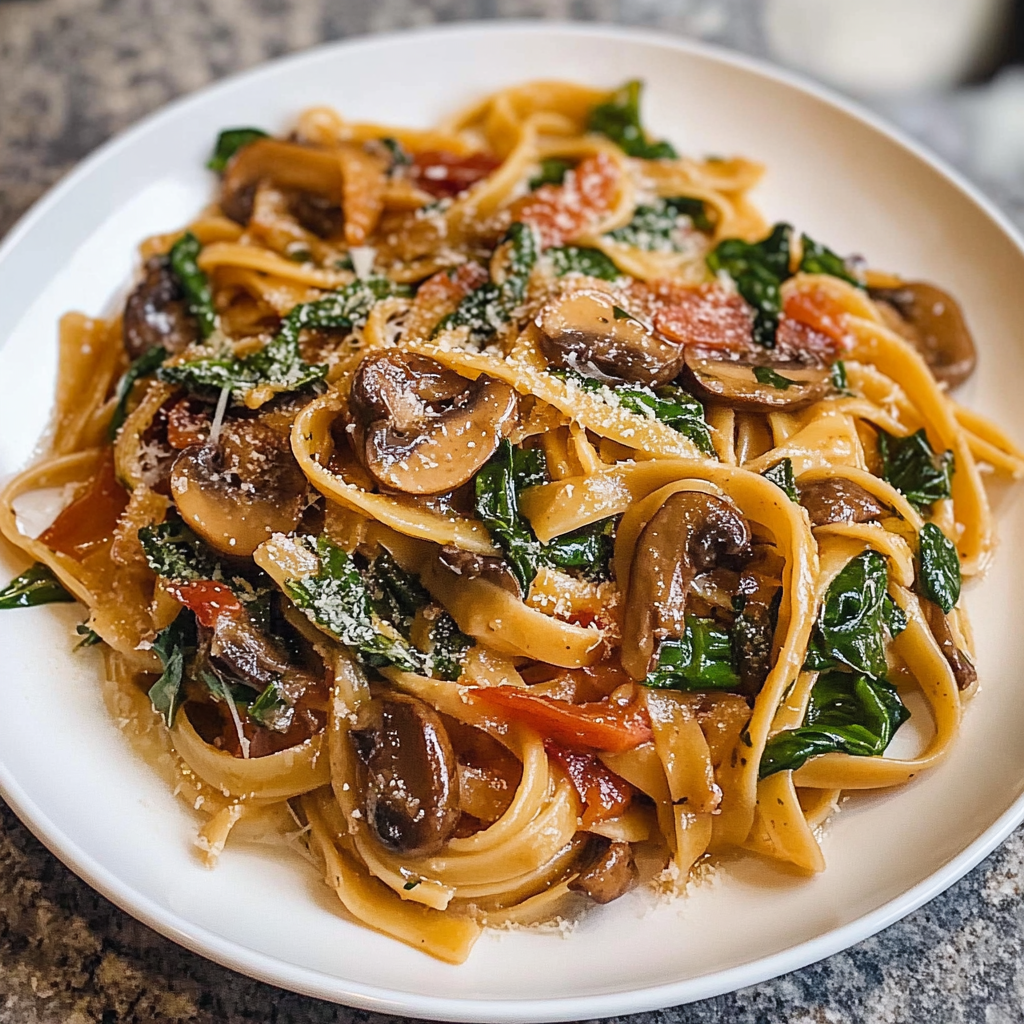 Creamy Mushroom Spinach Pasta with Onions