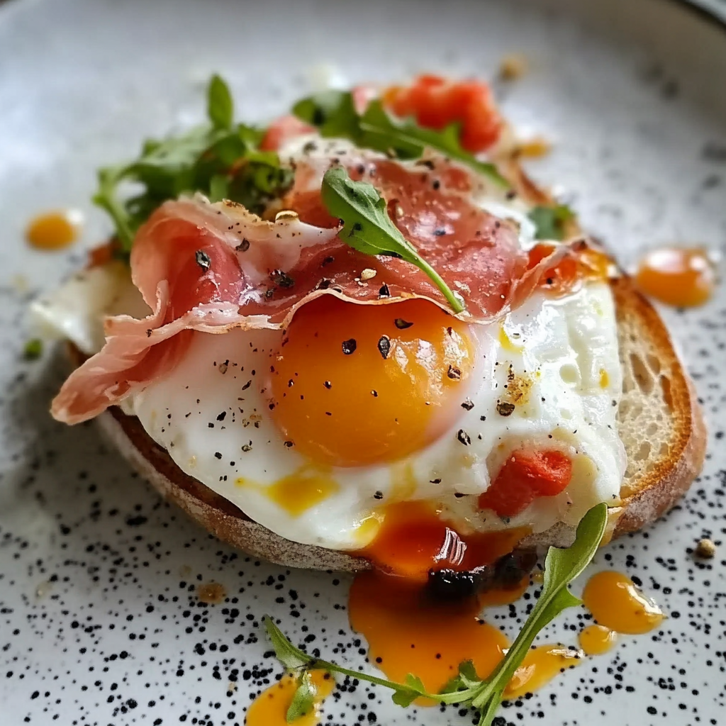 Fried Egg Yolk, Burrata & Prosciutto Toast