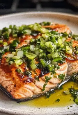 Miso Butter Salmon with Sizzled Scallion Salsa Verde