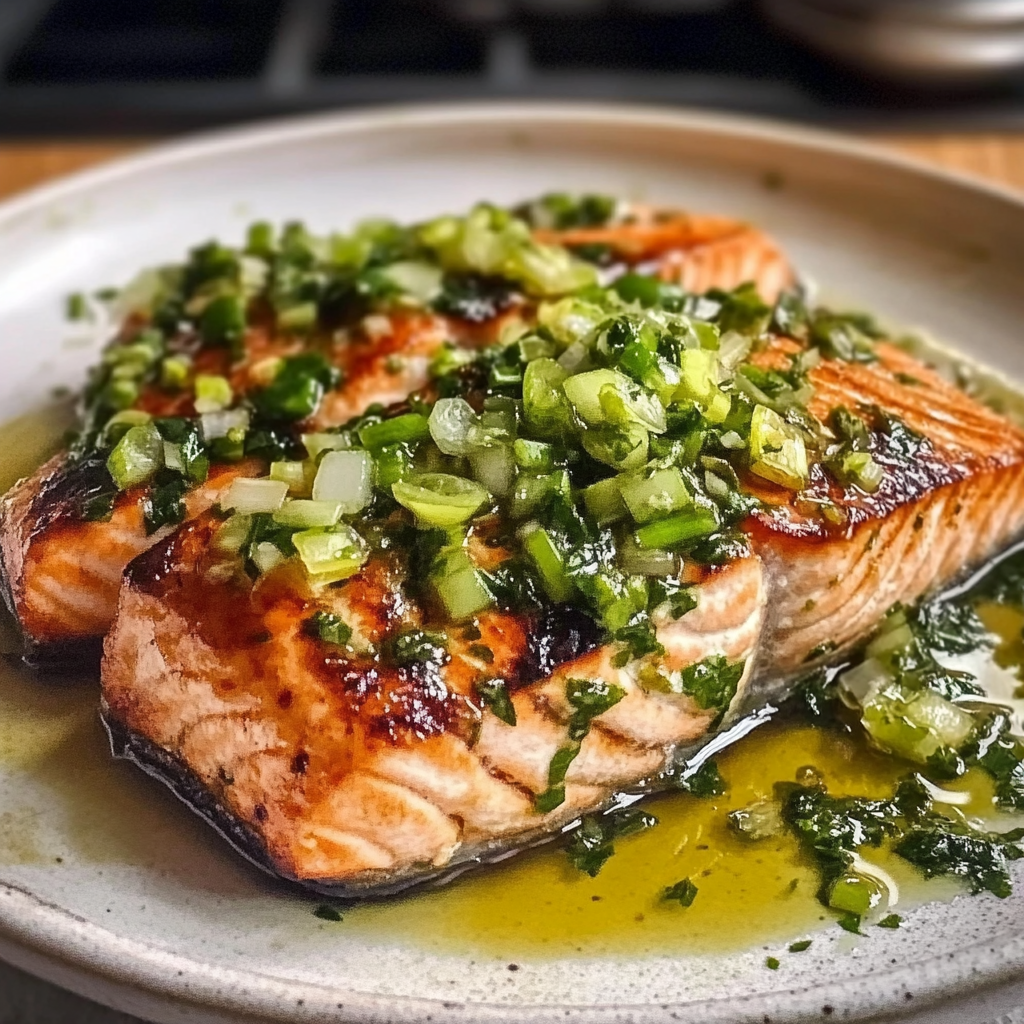 Miso Butter Salmon with Sizzled Scallion Salsa Verde